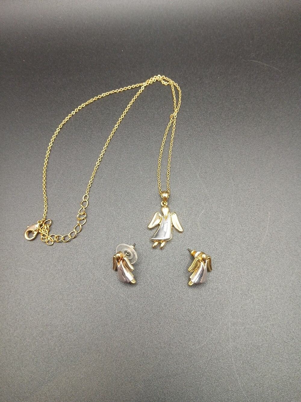 Vintage Two-Tone Flying Angel Jewelry Set 18"Necklace & Earrings Guardian Angel